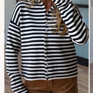 Navy and White Striped Button-Up Sweater